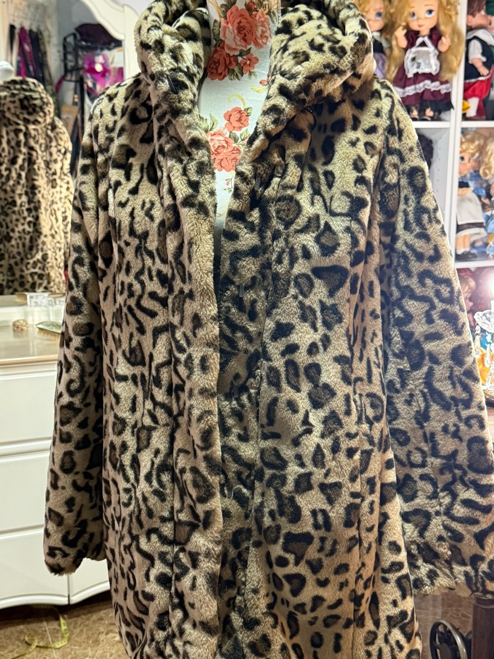 Leopard Print Faux Fur Hooded Coat - Brown